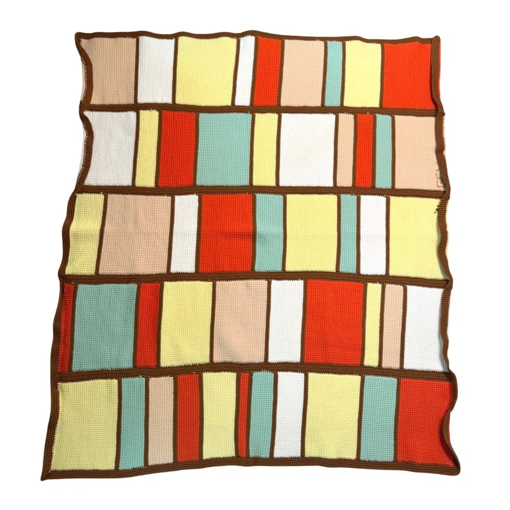 VTG MCM Mid-Century Square Crochet Afghan Blanket 54x63 Orange Geometric Retro